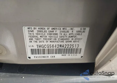 1998 Honda Accord Lx из США, поврежденный, VIN 1HGCG5642WA222513